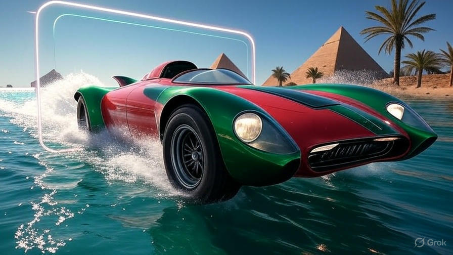 Red & Green Jet Car Glides Over Water in Egypt – Futuristic Innovation or Crypto Hype?